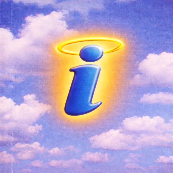 Blue lowercase i with a glowing halo floating in clouds