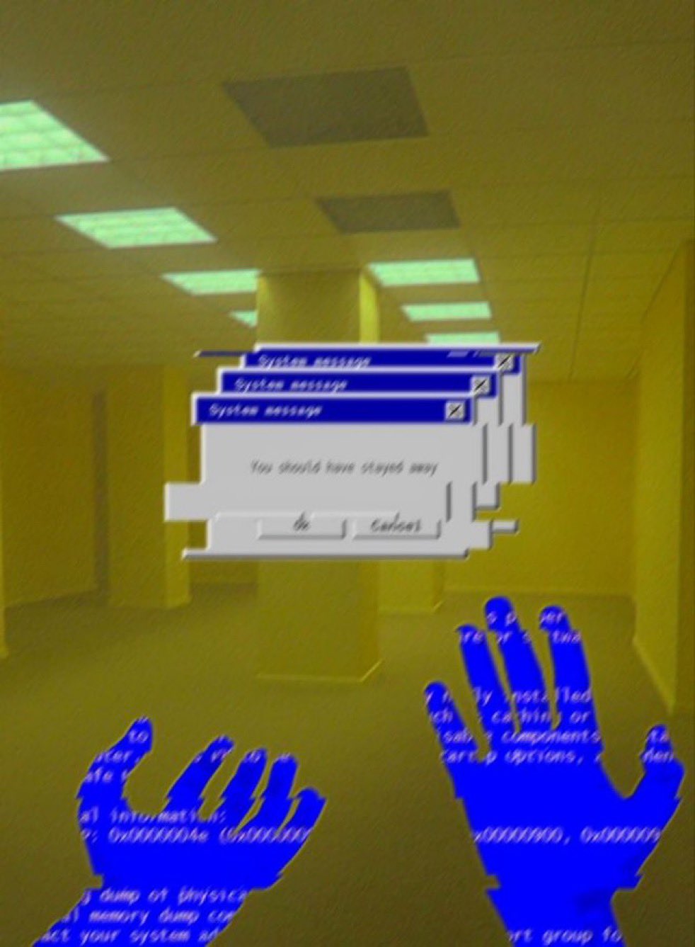 Yellow liminal office corridor with stacked Windows error boxes and blue digital hands