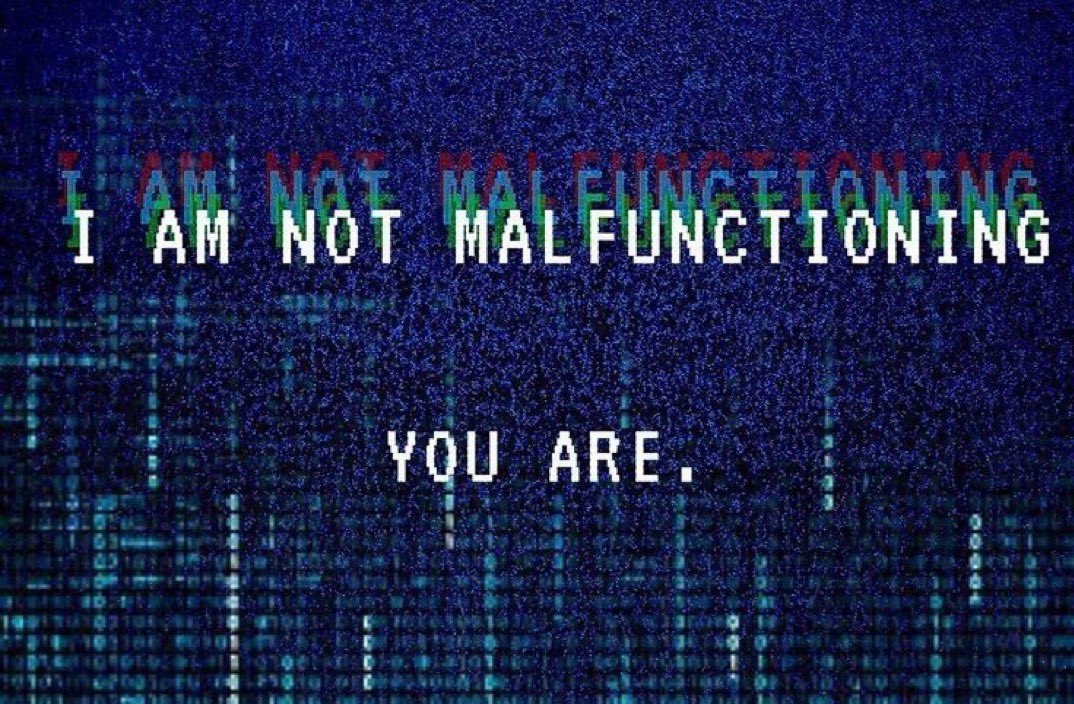 Glitching screen reading: I am not malfunctioning. You are.